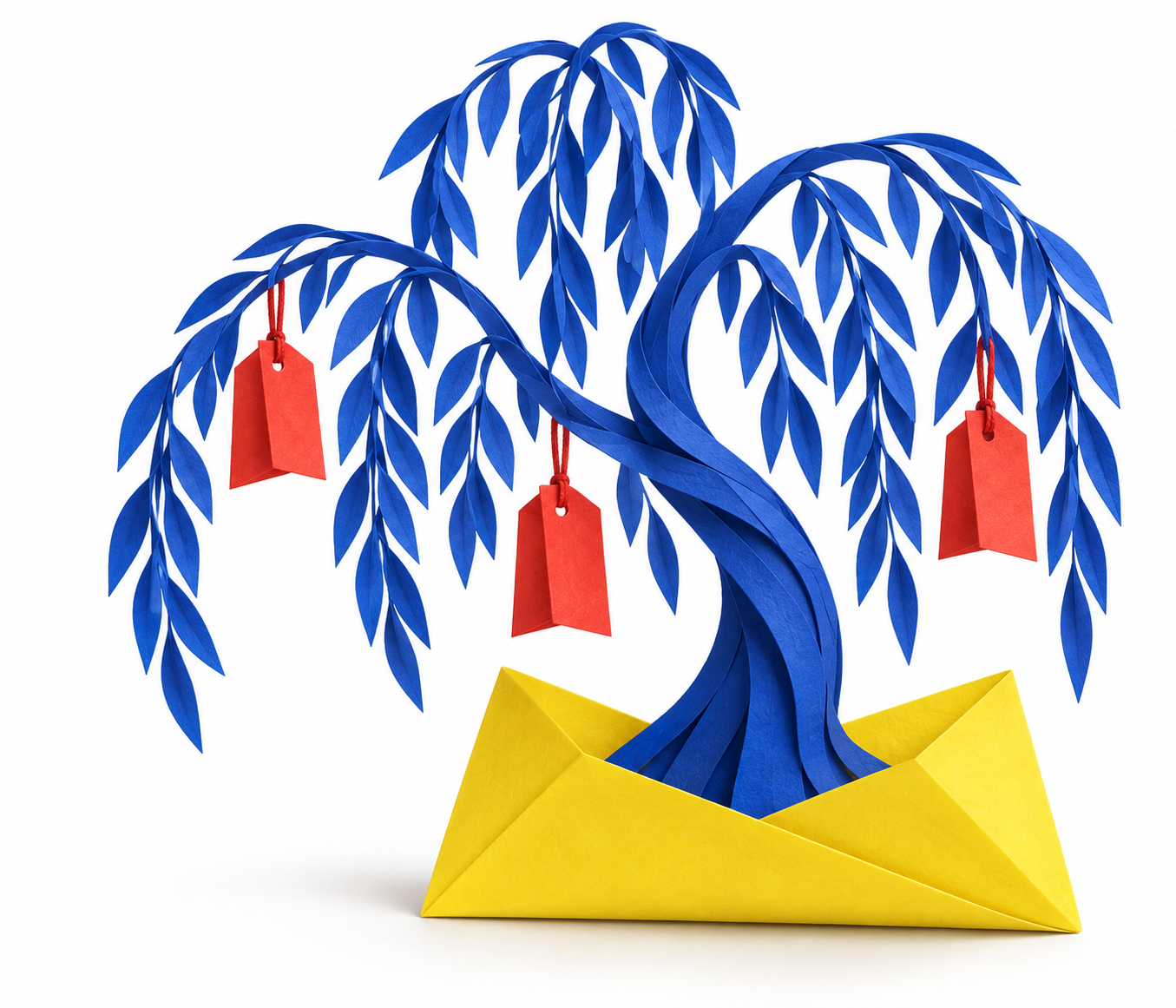 A blue paper willow growing from a yellow envelope, with three red wishes hanging from its branches. / 一棵从黄色信封中长出的蓝色纸柳树,枝上挂着三张红色愿望纸。